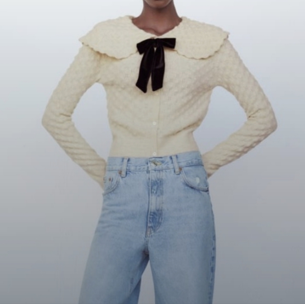 Zara Cream Cardigan with Black Bow